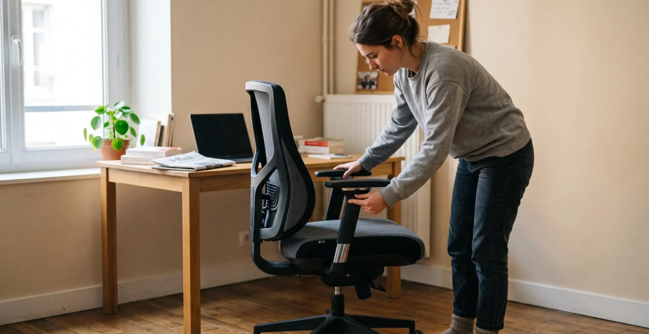 Personne debout ajustant la hauteur des accoudoirs d'une chaise ergonomique gaming dans un bureau domestique