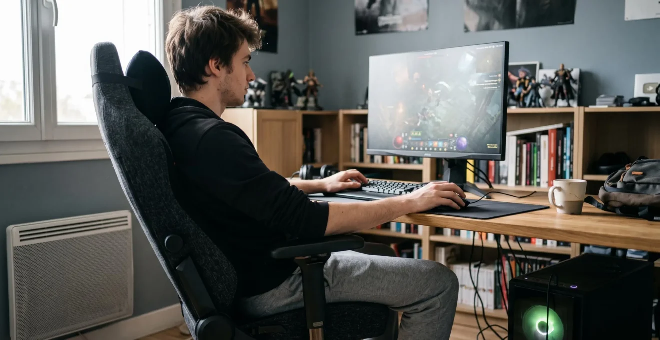 Jeune adulte assis dans une chaise ergonomique gaming dans un setup de jeu domestique français