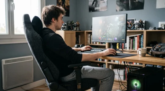 Jeune adulte assis dans une chaise ergonomique gaming dans un setup de jeu domestique français