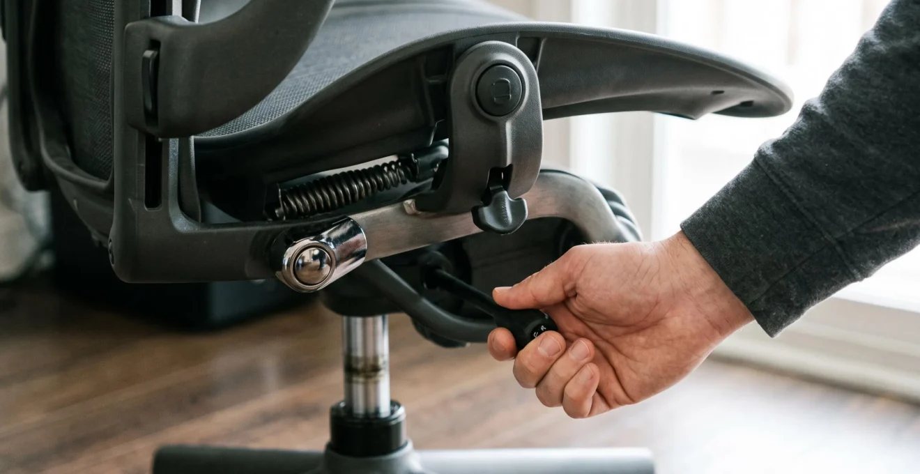 Gros plan sur les mécanismes de réglage d'une chaise ergonomique gaming avec une main ajustant le levier de hauteur